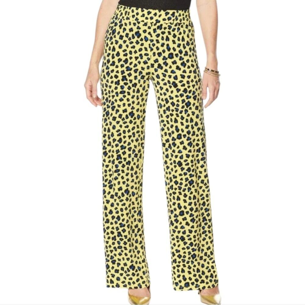 IMAN Yellow Blue Black Animal Print Wide-Leg Pants Pull On Palazzo Plus 3XT TALL